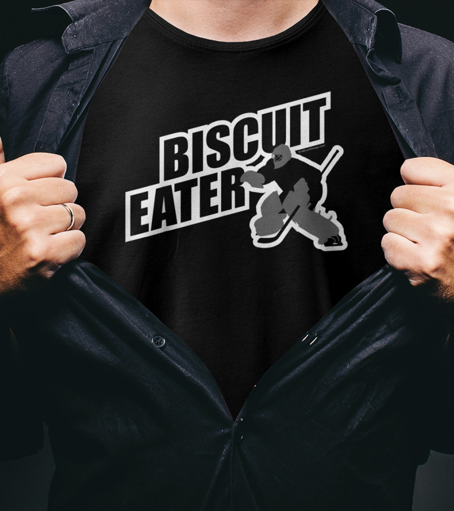 Biscuit Eater Hockey Goalie Retro Style Block Text With Silhouette Of Ice Hockey Player In Action T-Shirt