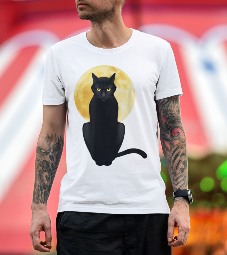 Black Cat Yellow Eyes Full Moon T-Shirt