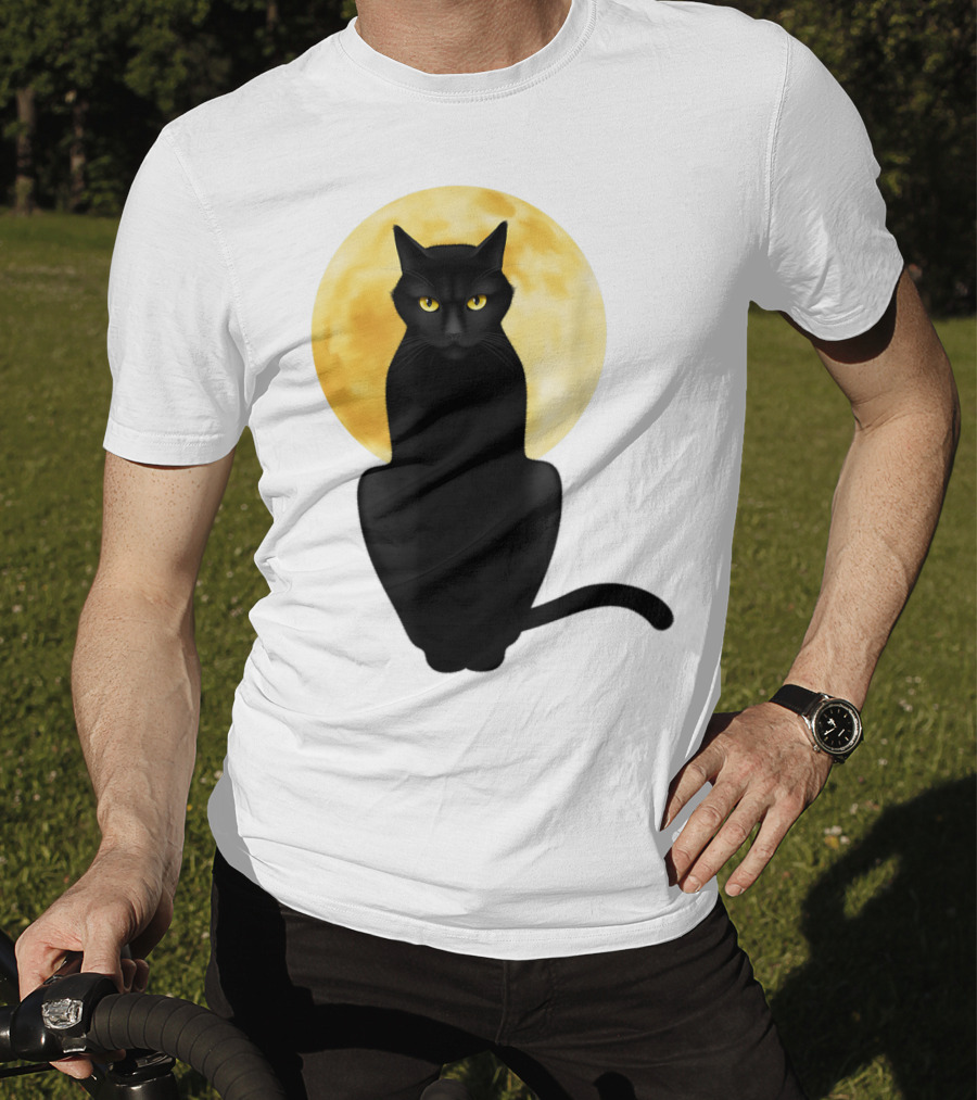 Black Cat Yellow Eyes Full Moon T-Shirt