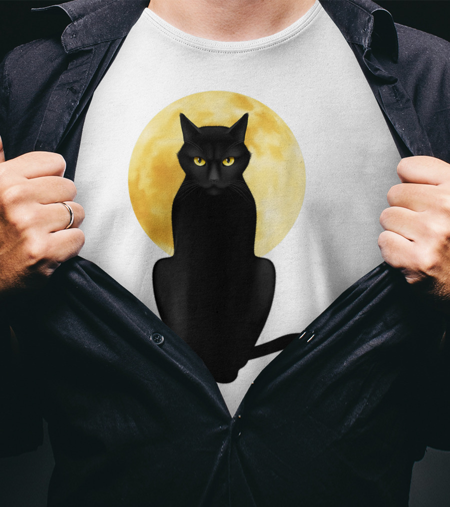 Black Cat Yellow Eyes Full Moon T-Shirt