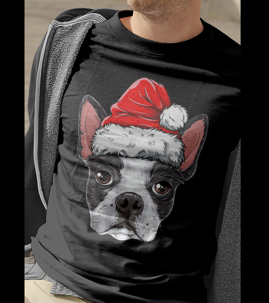 Boston Terrier Christmas Dog Santa Hat T-Shirt