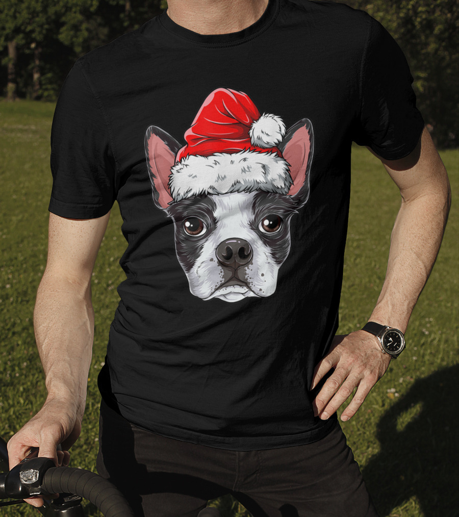 Boston Terrier Christmas Dog Santa Hat T-Shirt