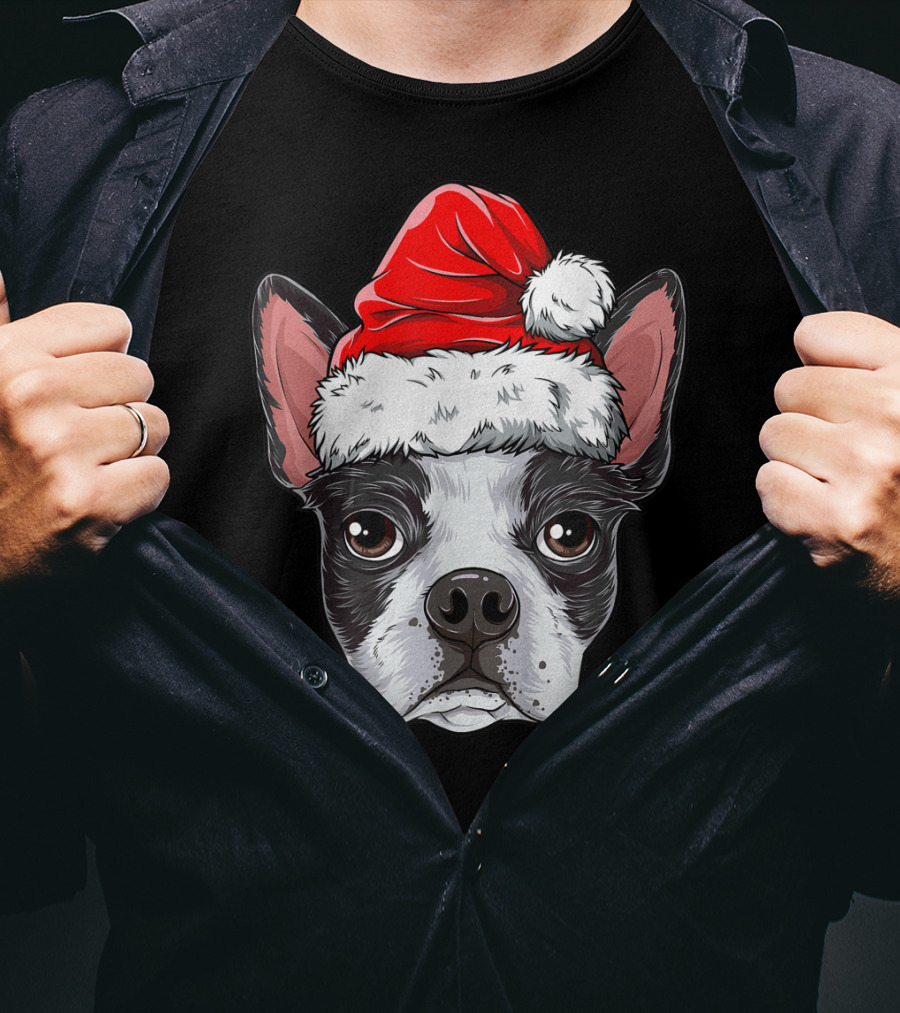 Boston Terrier Christmas Dog Santa Hat T-Shirt