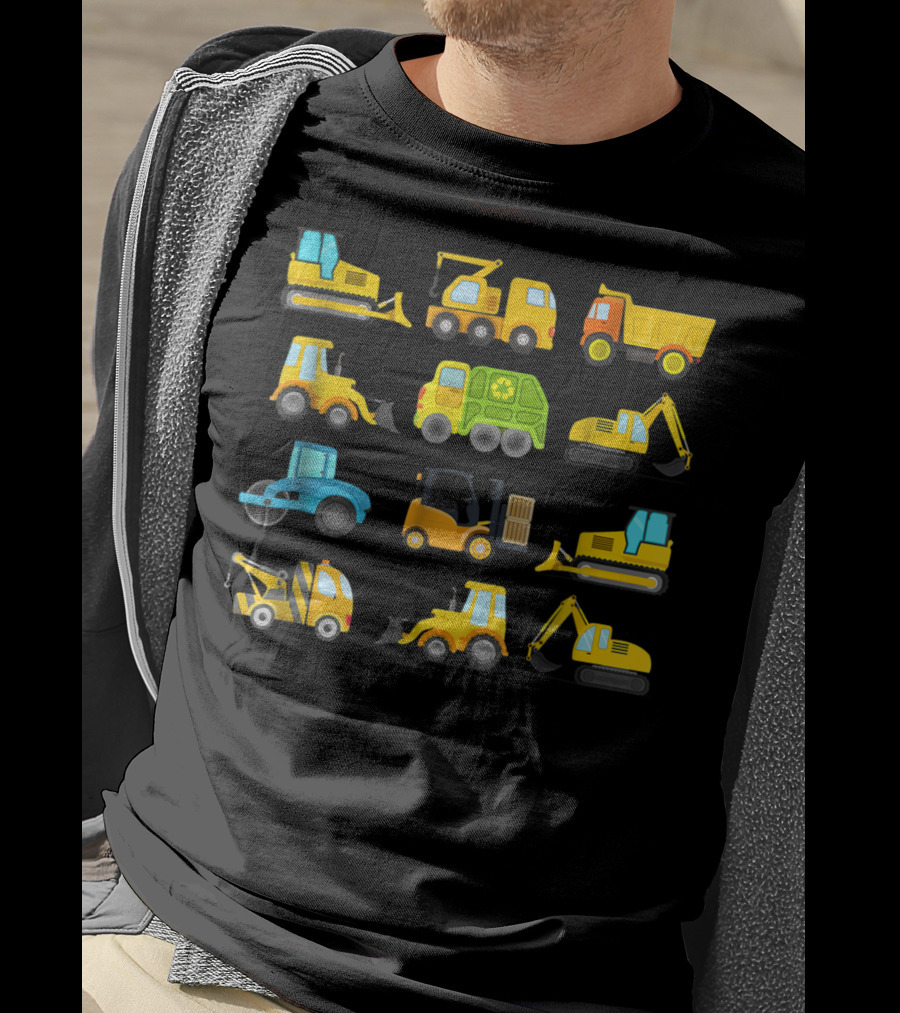 Boys' Colorful Construction Trucks And Diggers Vehicles Short Sleeved T-Shirt