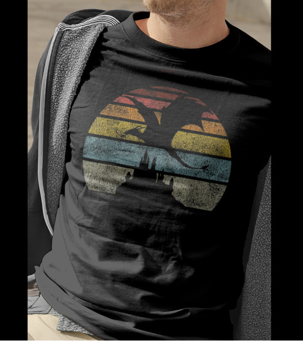 Castle And Dragon Silhouette Against Retro Sunset Stripes T-Shirt