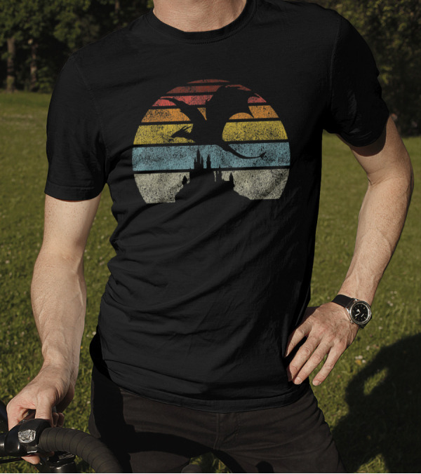 Castle And Dragon Silhouette Against Retro Sunset Stripes T-Shirt