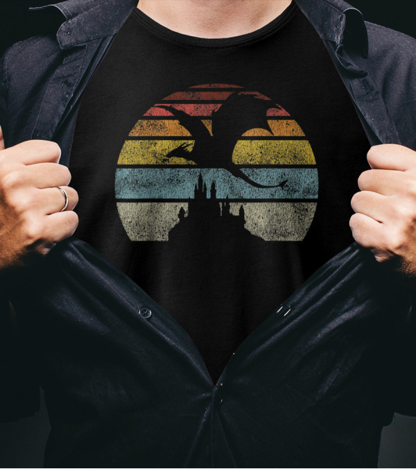 Castle And Dragon Silhouette Against Retro Sunset Stripes T-Shirt