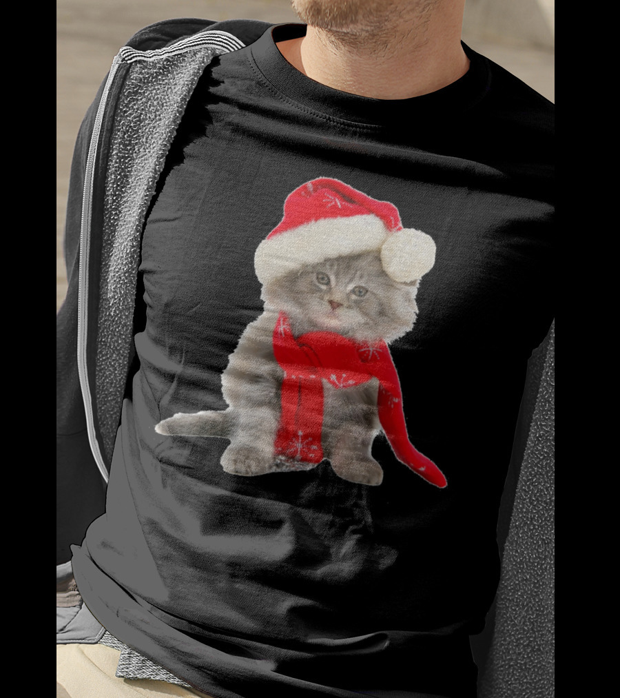 Cat Kitten In Santa Hat And Red Scarf T-Shirt