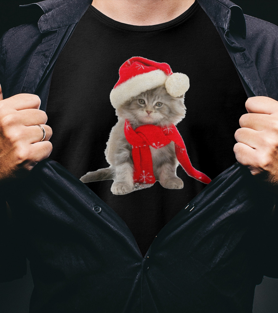 Cat Kitten In Santa Hat And Red Scarf T-Shirt