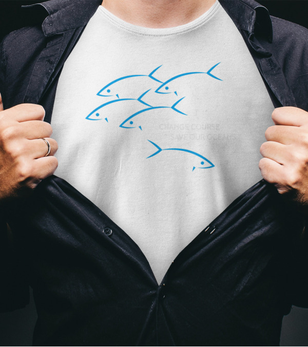 Change Course Save Our Oceans Fish Outline In Blue T-Shirt