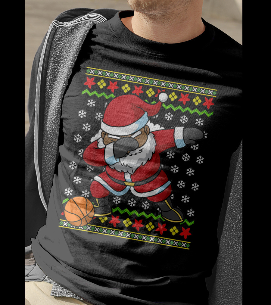 Christmas Black African American Santa Dabbing Basketball Ugly T-Shirt