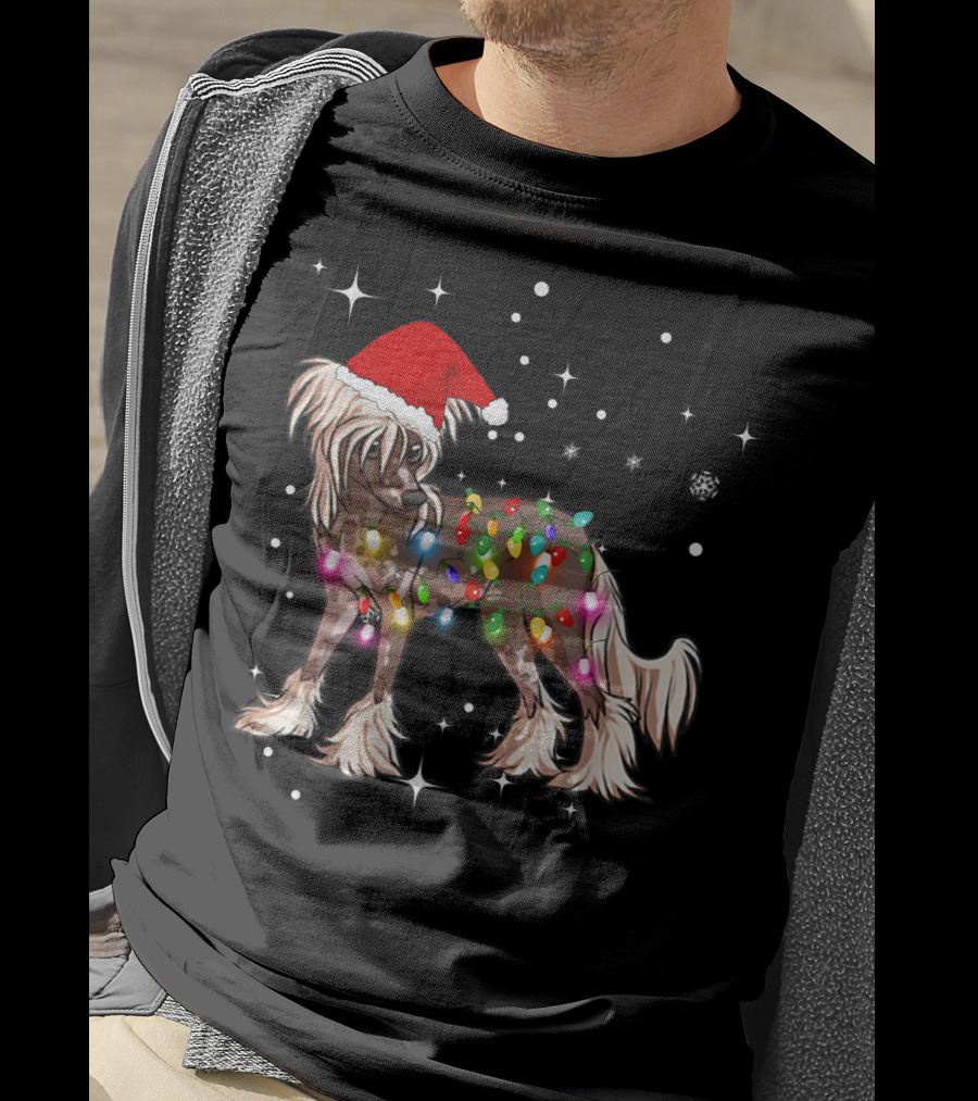Christmas Lights Chinese Crested Dog With Santa Hat And Stars T-Shirt