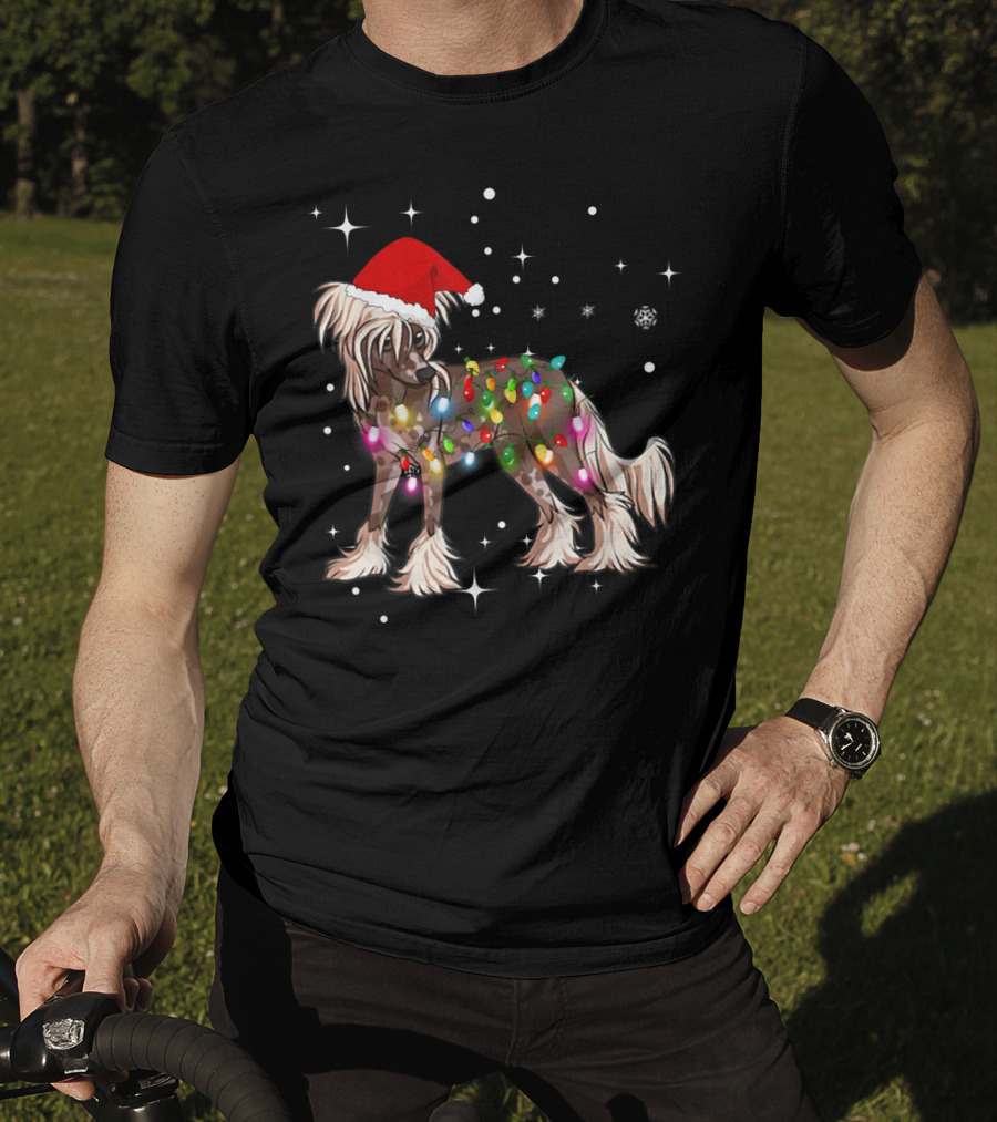 Christmas Lights Chinese Crested Dog With Santa Hat And Stars T-Shirt