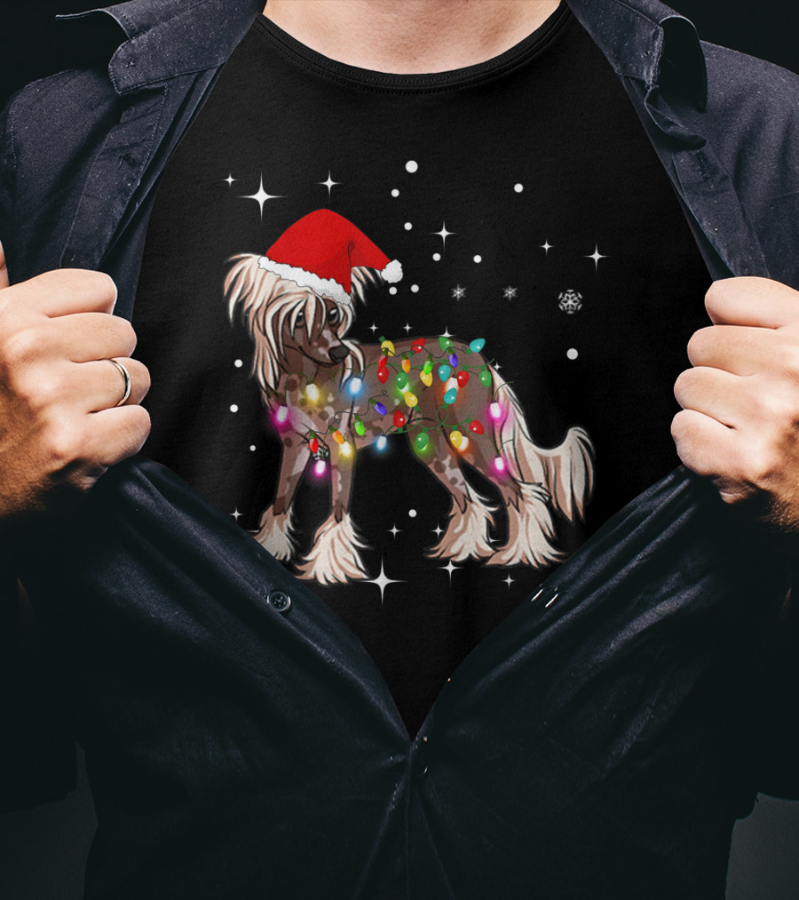 Christmas Lights Chinese Crested Dog With Santa Hat And Stars T-Shirt