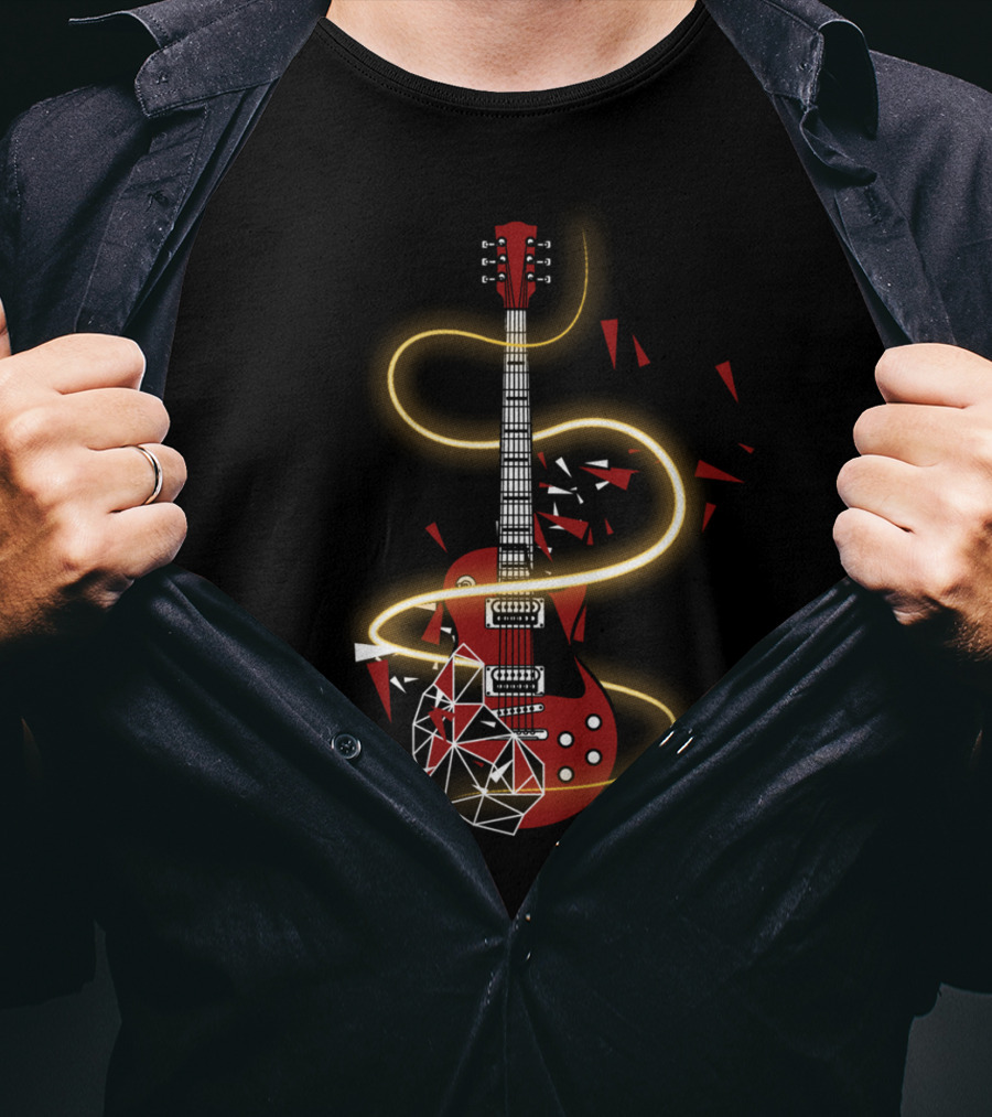 Cool Electric Guitar Fractured Red Glow Strings For Guitarists T-Shirt