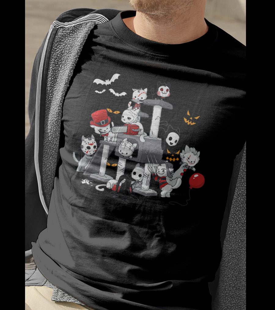 Cats Dressed As Iconic Creeps For Halloween Horror Movie Night T-Shirt