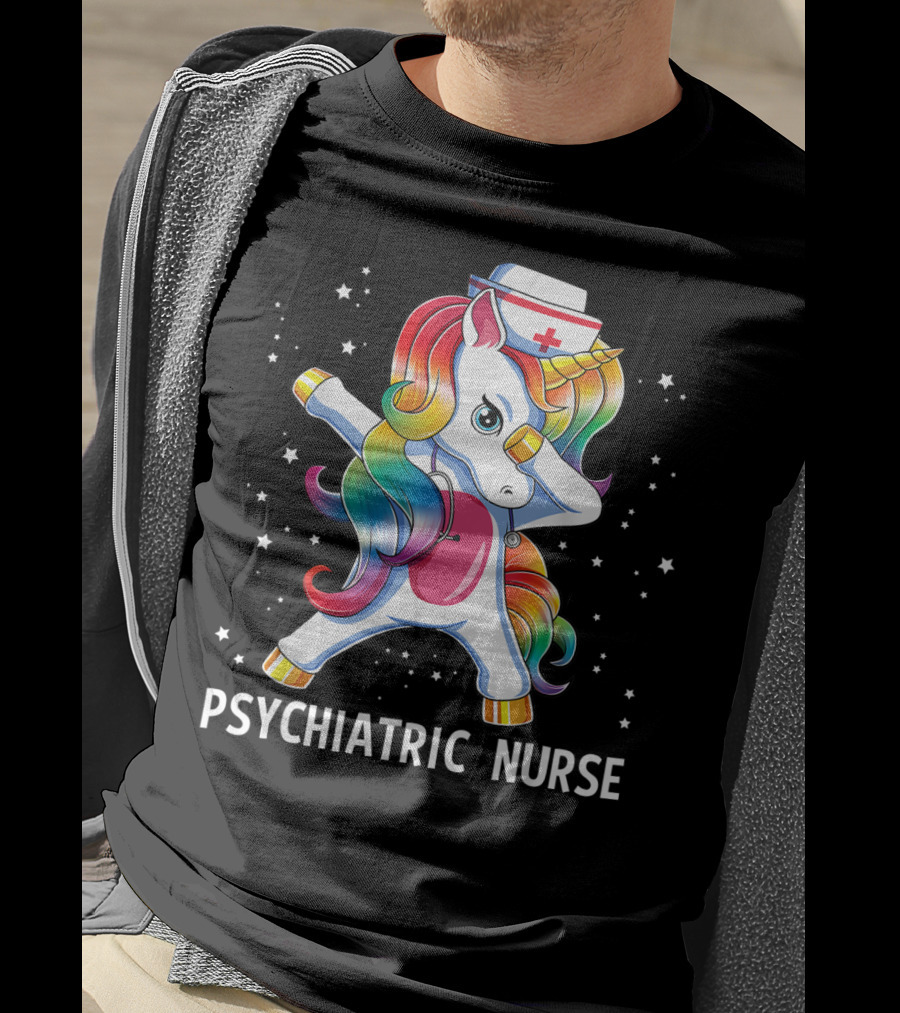 Dabbing Unicorn Rainbow Psychiatric Nurse With Nurse Hat And Stars T-Shirt
