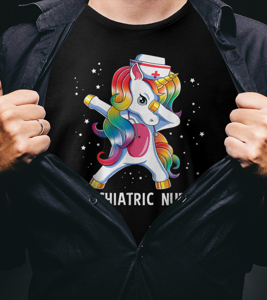 Dabbing Unicorn Rainbow Psychiatric Nurse With Nurse Hat And Stars T-Shirt