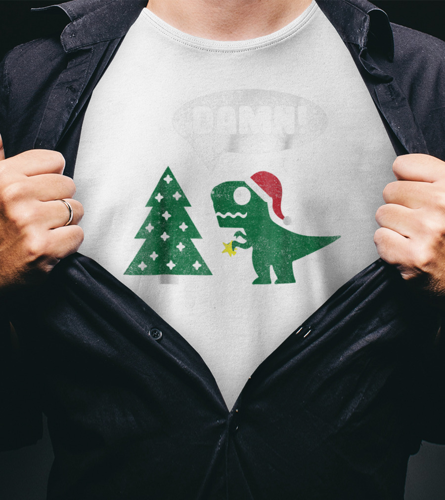Damn Trex Hates Christmas Dinosaur Lover Funny Santa Dinosaur With Christmas Tree T-Shirt