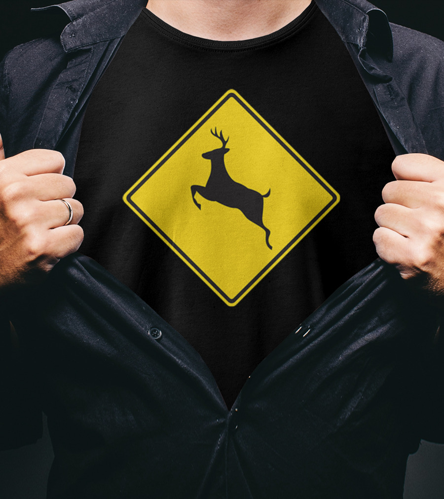 Yellow Deer Crossing Road Sign T-Shirt