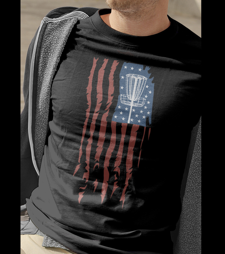 Disc Golf Basket American Flag Frisbee Sports USA T-Shirt