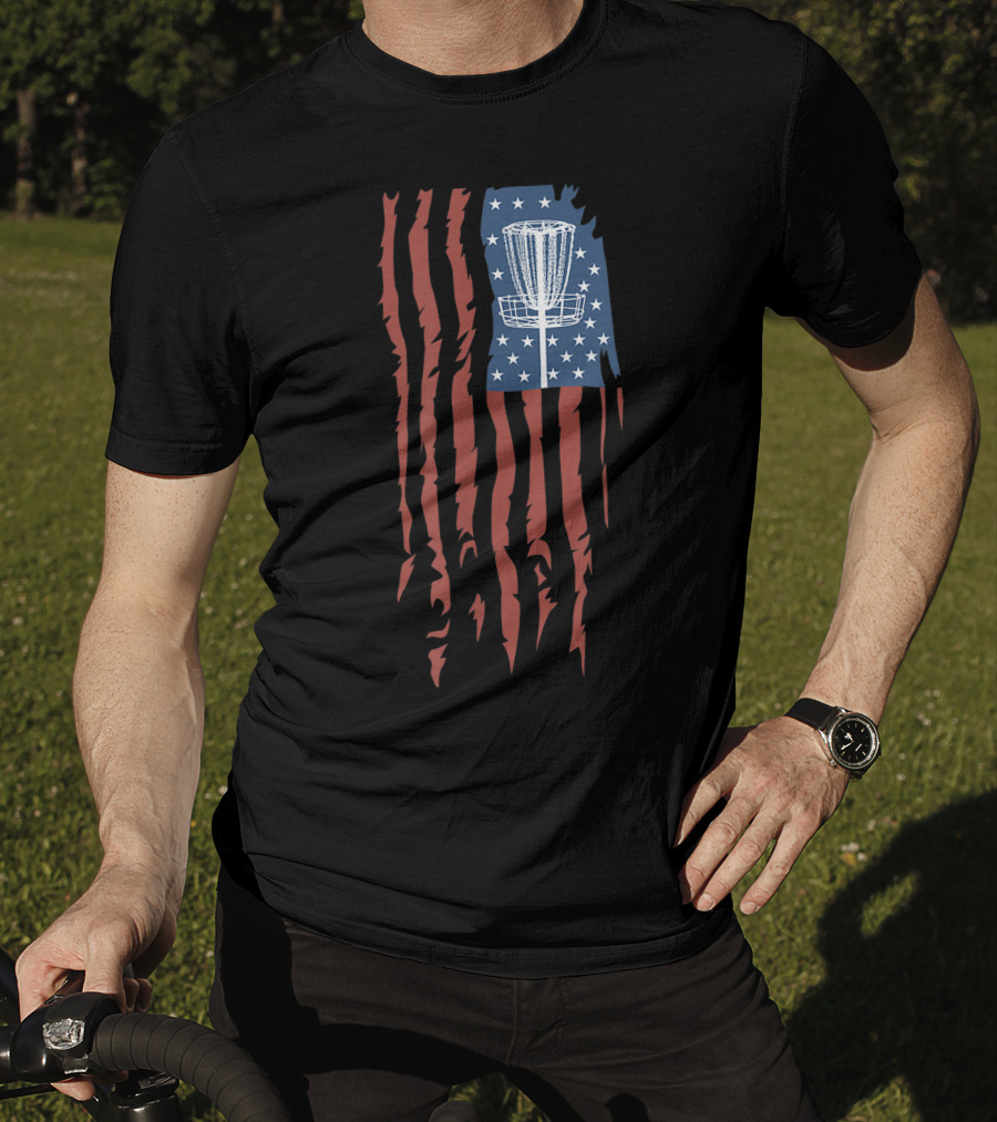 Disc Golf Basket American Flag Frisbee Sports USA T-Shirt