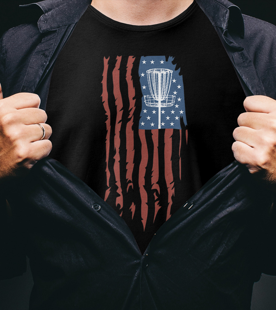 Disc Golf Basket American Flag Frisbee Sports USA T-Shirt