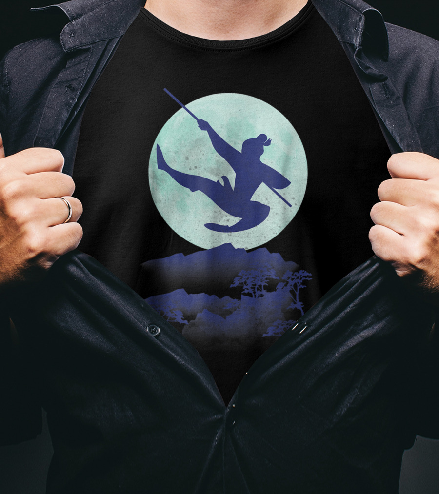 Disney Mulan Warrior Jump Against Full Moon Night Sky T-Shirt