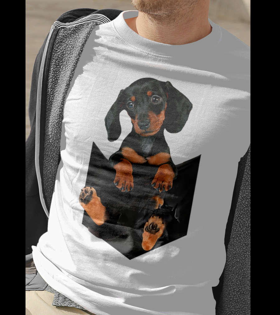 Doxie Dachshund Puppy Dog In Pocket T-Shirt