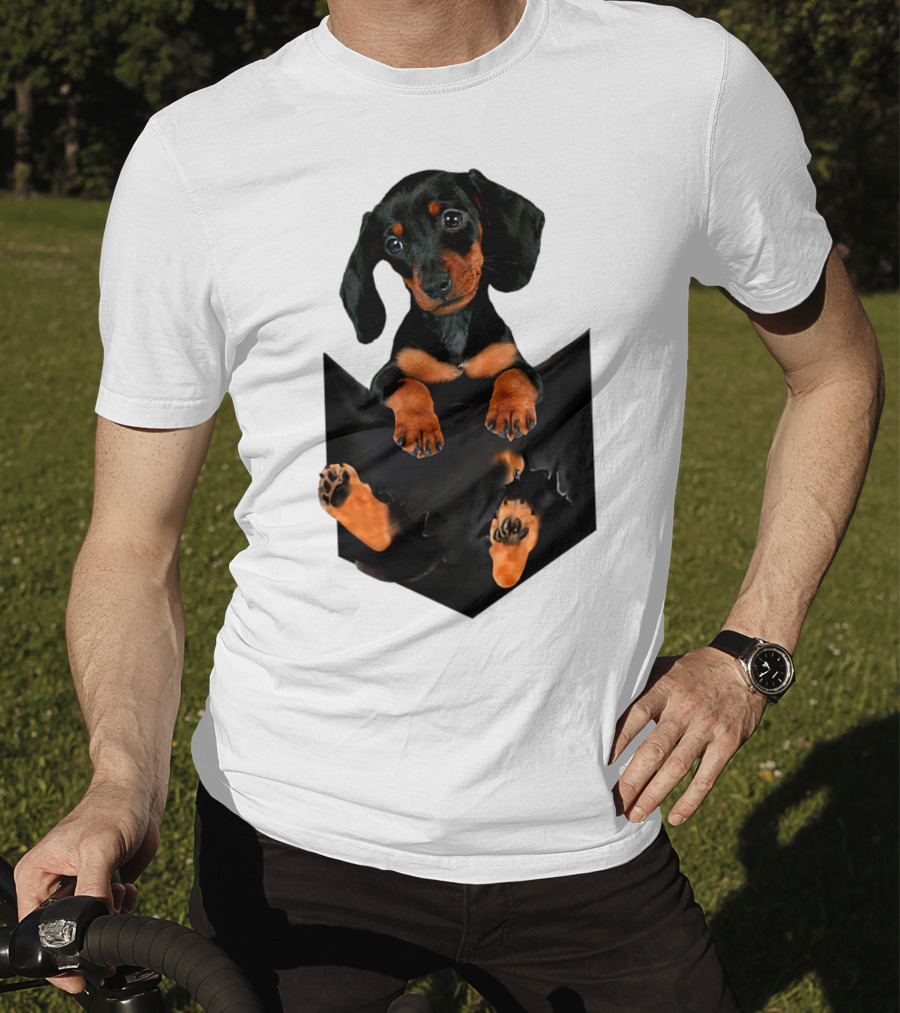 Doxie Dachshund Puppy Dog In Pocket T-Shirt