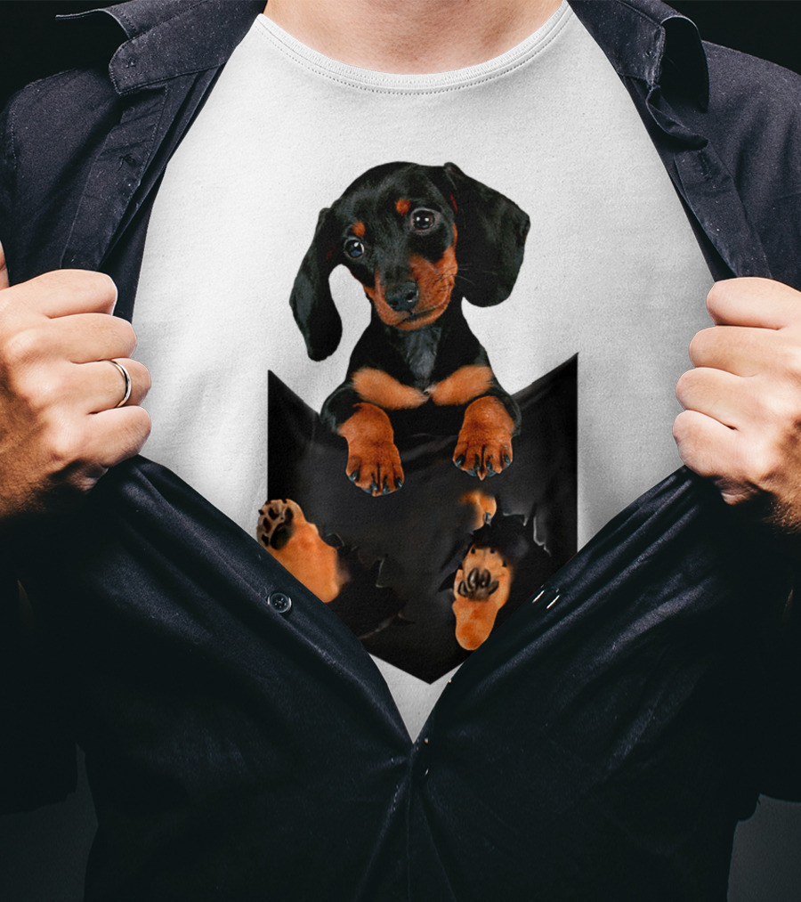 Doxie Dachshund Puppy Dog In Pocket T-Shirt