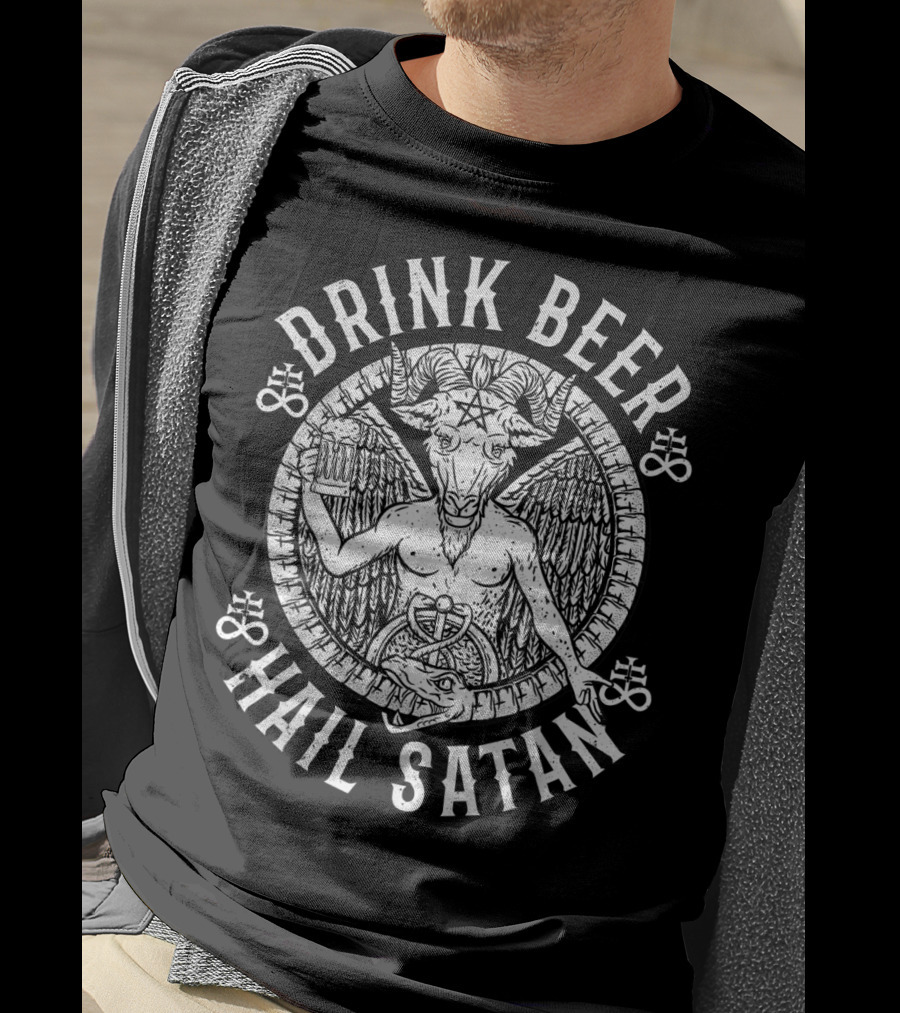 Drink Beer Hail Satan Baphomet Goat Pentagram T-Shirt