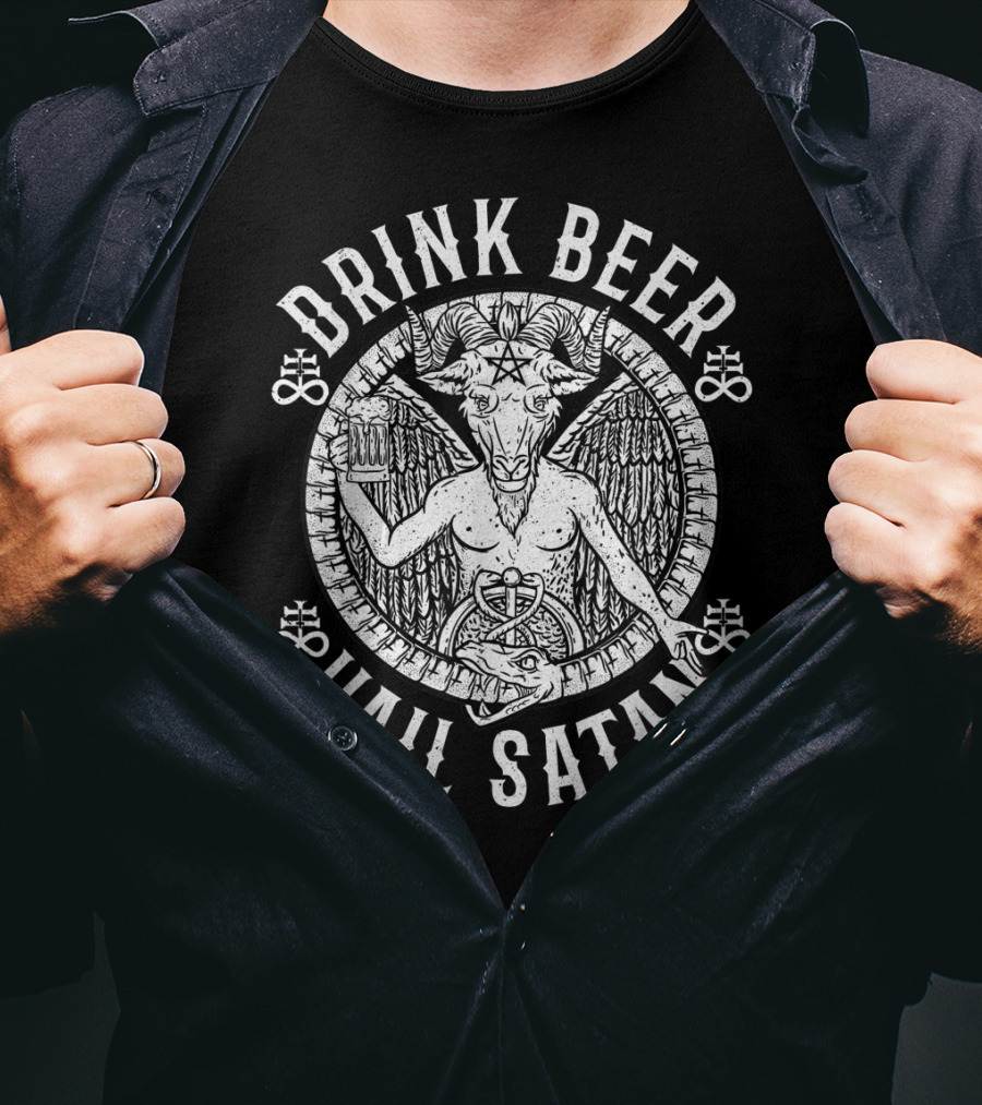 Drink Beer Hail Satan Baphomet Goat Pentagram T-Shirt