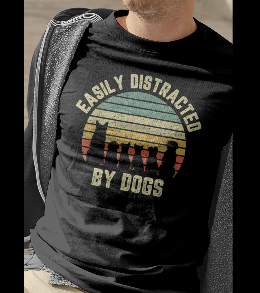 Easily Distracted By Dogs Retro Sunset T-Shirt