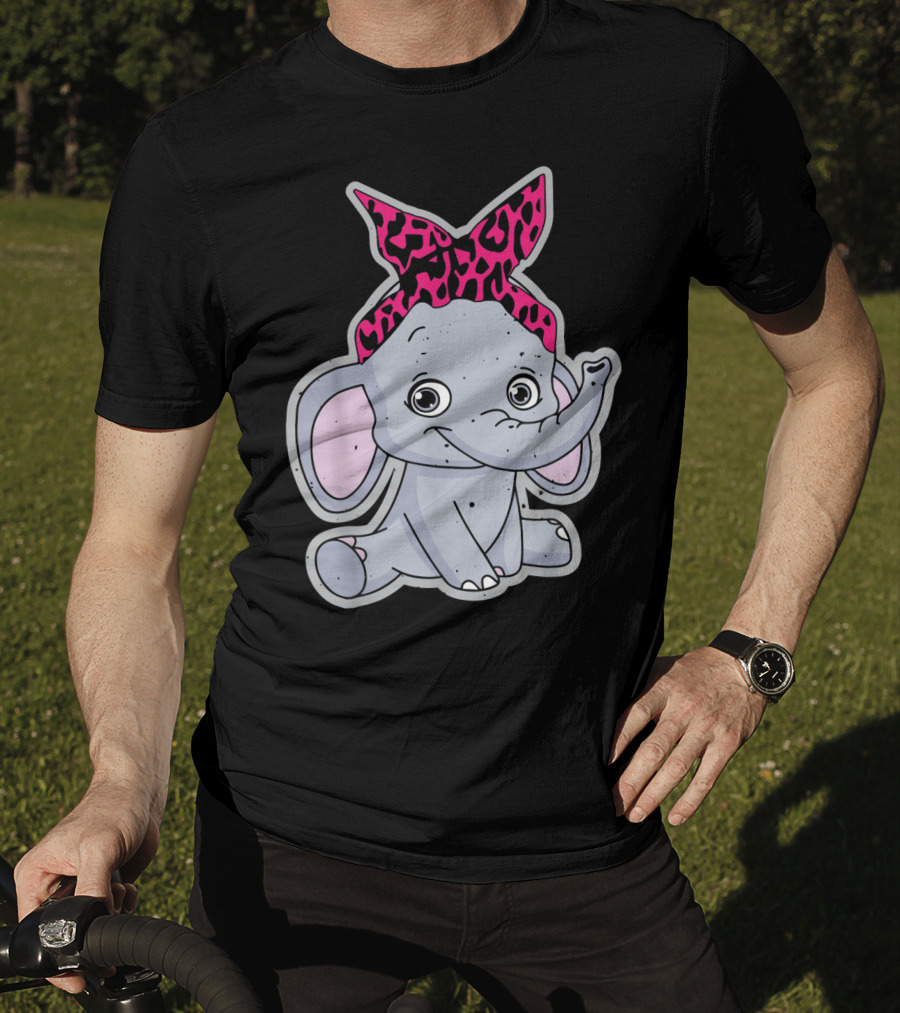 Elephants Cute Cartoon With Pink Leopard Bow T-Shirt