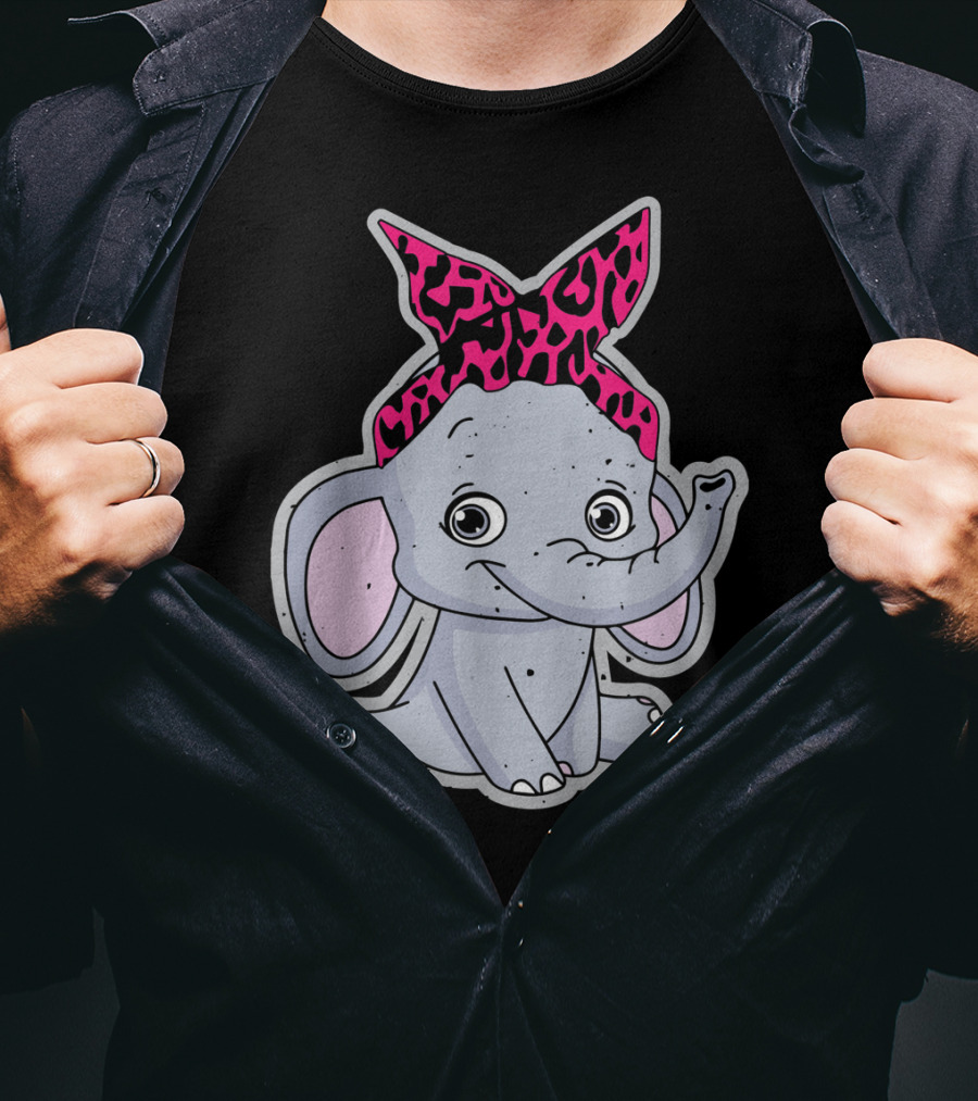 Elephants Cute Cartoon With Pink Leopard Bow T-Shirt