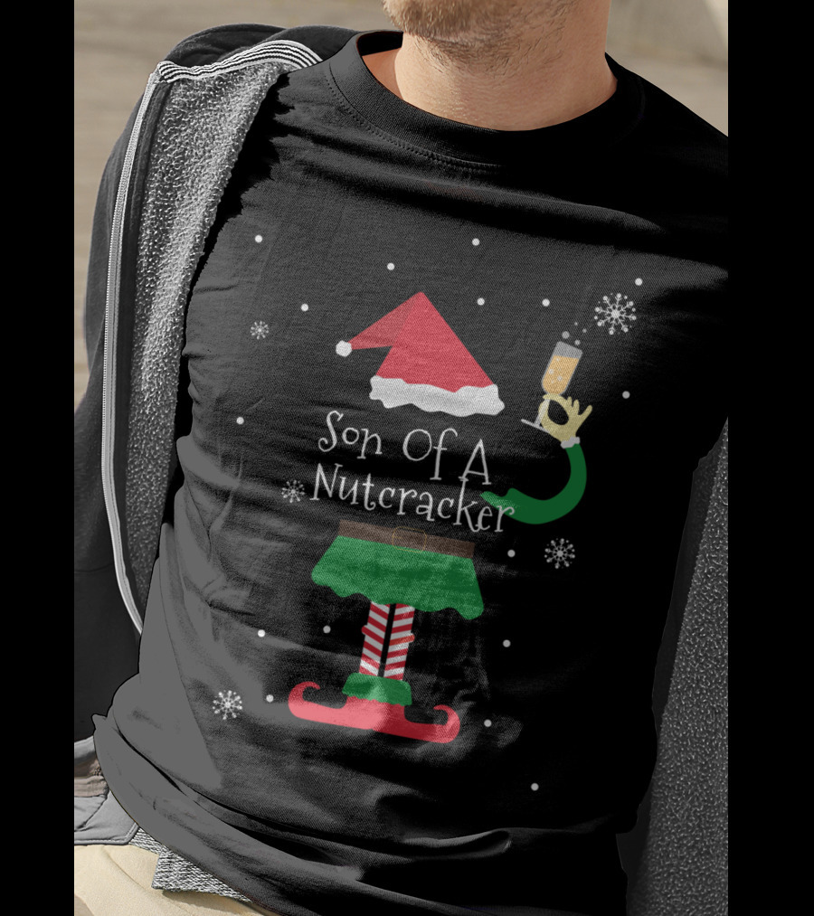 Son Of A Nutcracker Elf With Santa Hat And Champagne Glass T-Shirt