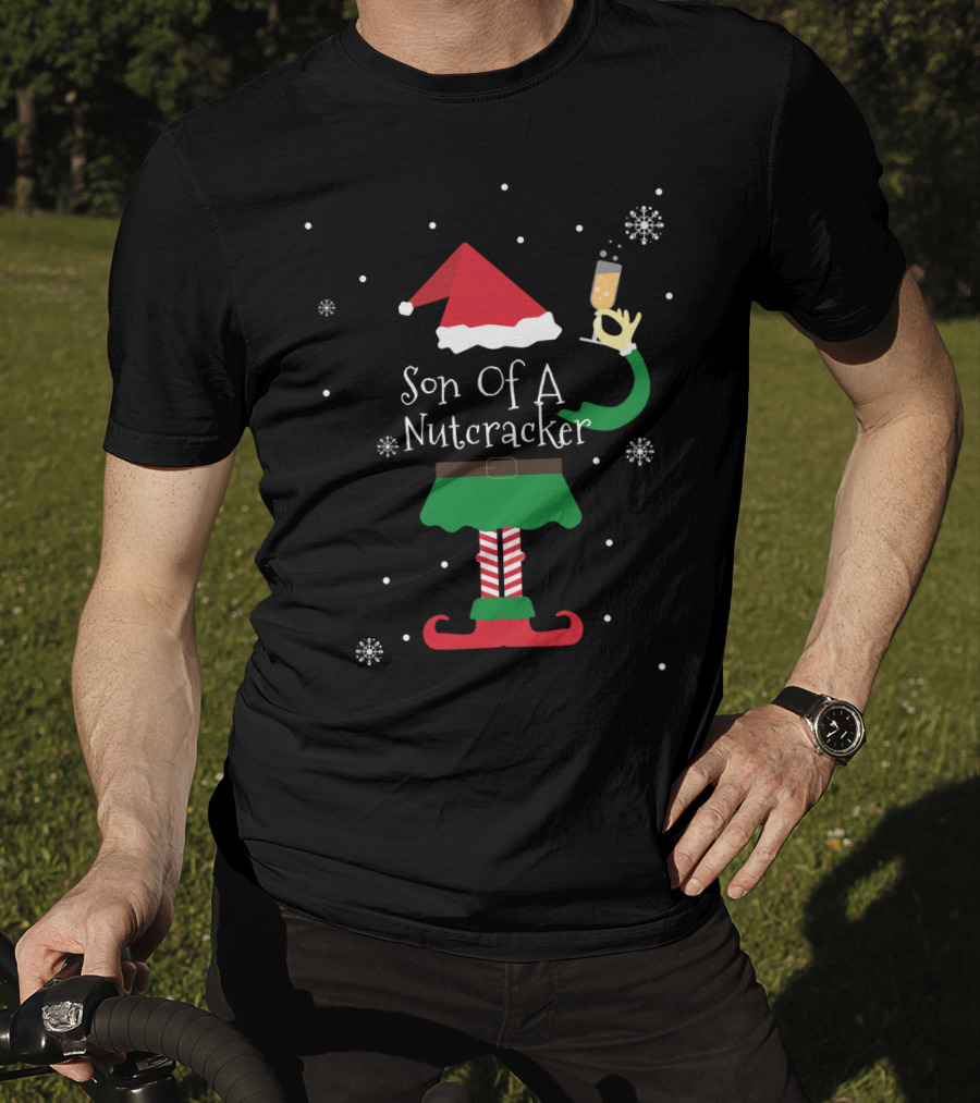 Son Of A Nutcracker Elf With Santa Hat And Champagne Glass T-Shirt