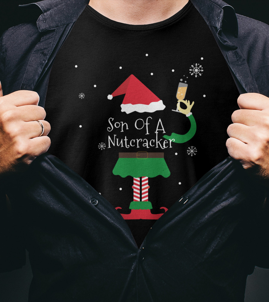 Son Of A Nutcracker Elf With Santa Hat And Champagne Glass T-Shirt