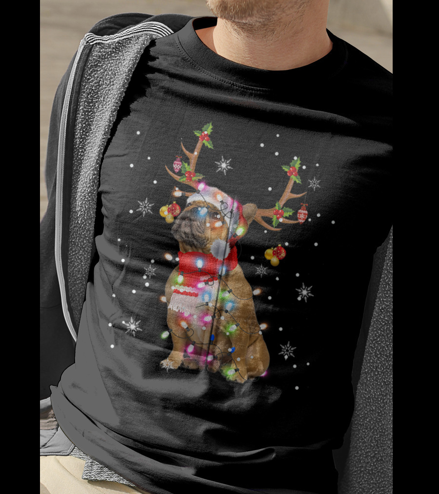 French Bulldog Reindeer Antlers Santa Hat Christmas Lights T-Shirt
