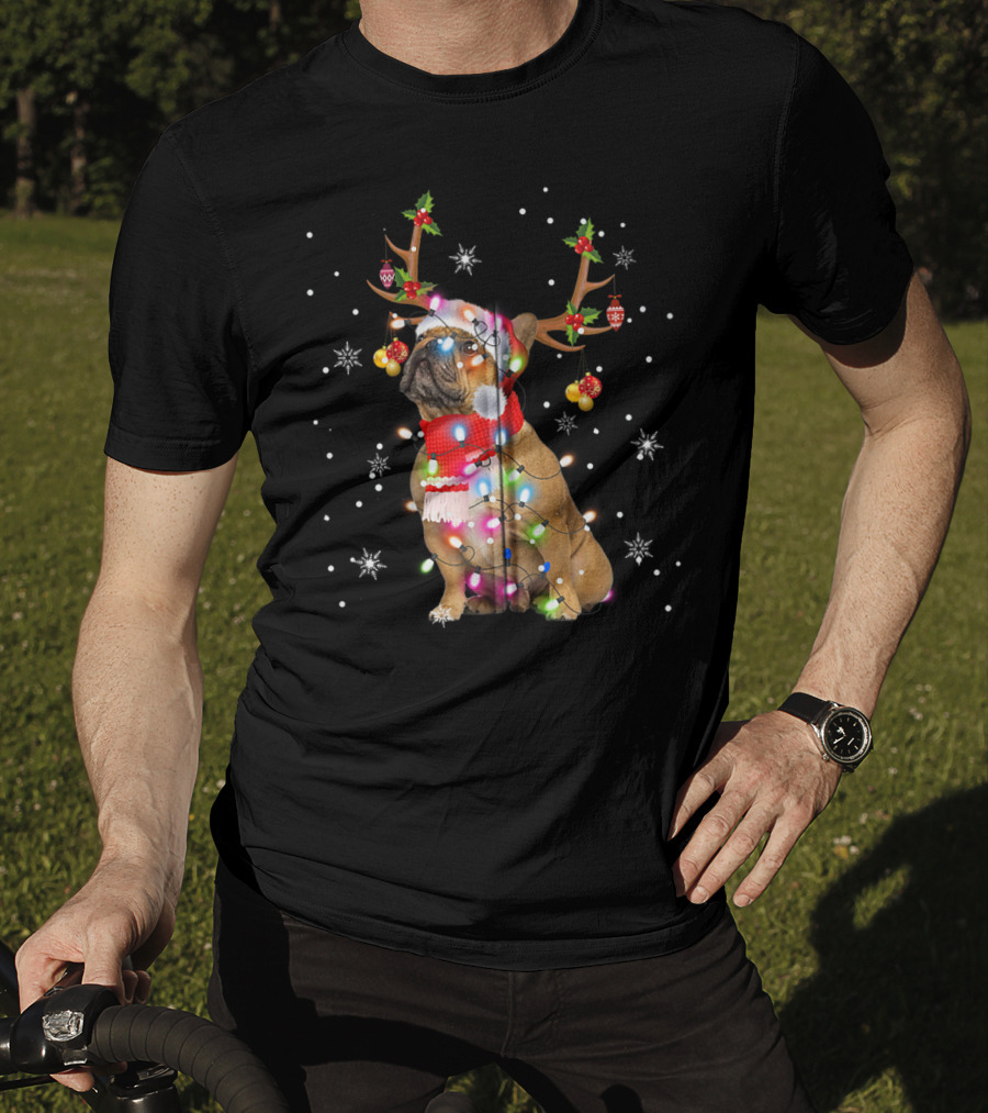 French Bulldog Reindeer Antlers Santa Hat Christmas Lights T-Shirt