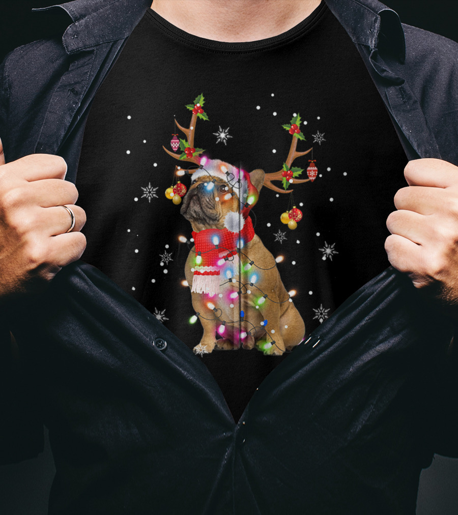 French Bulldog Reindeer Antlers Santa Hat Christmas Lights T-Shirt
