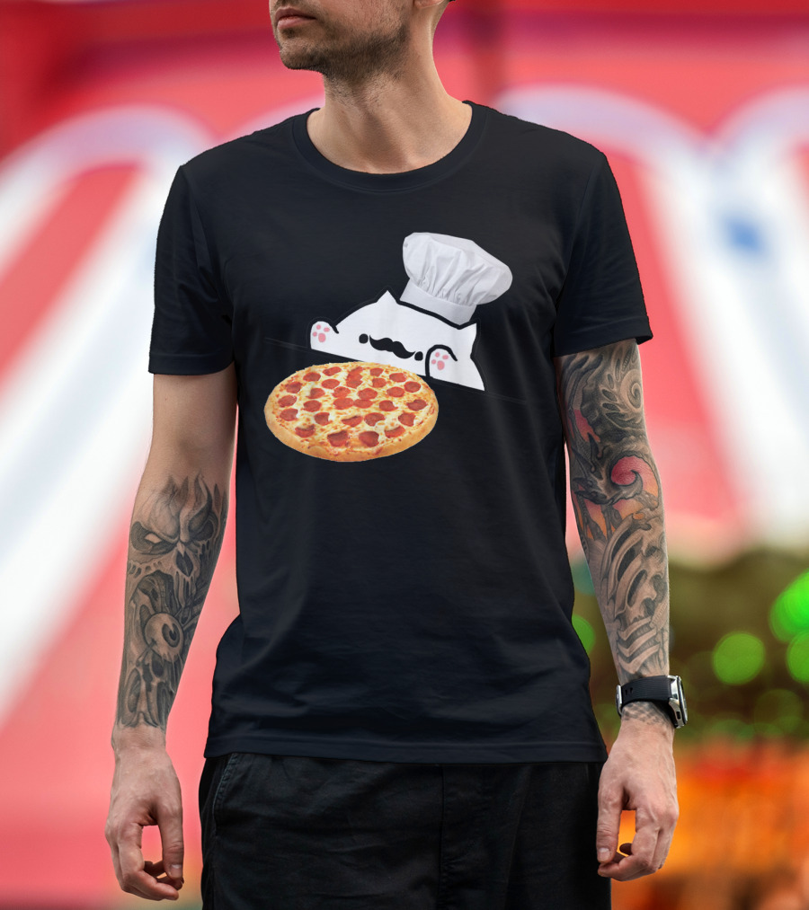 Bongo Cat Pizza Chef with Mustache and Pepperoni Pizza Humor T-Shirt