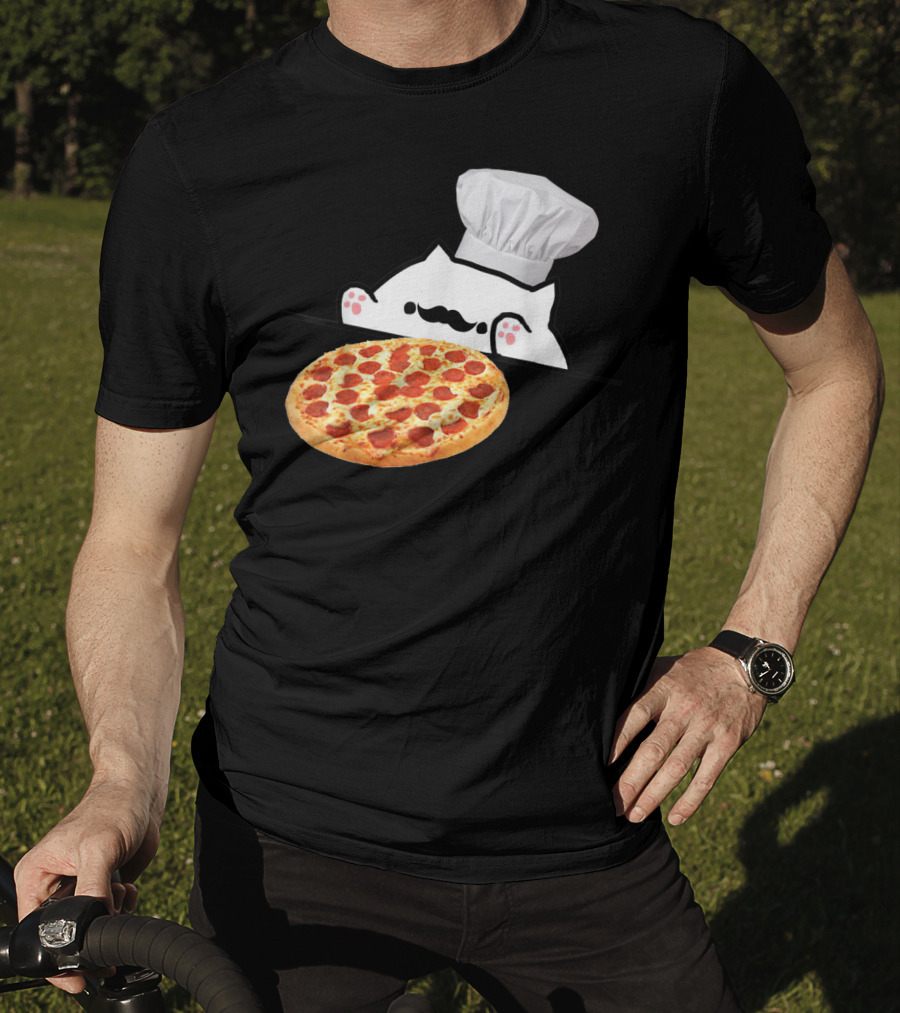 Bongo Cat Pizza Chef With Mustache And Pepperoni Pizza Humor T-Shirt