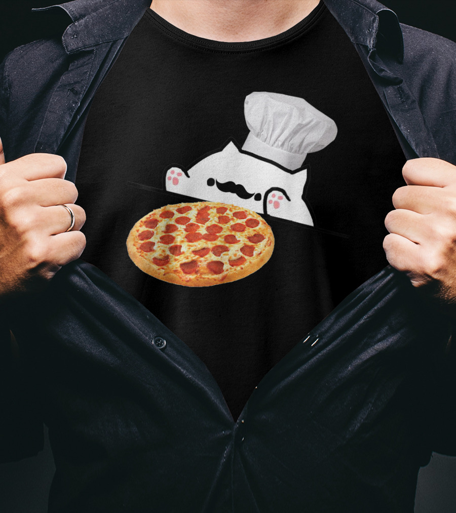 Bongo Cat Pizza Chef With Mustache And Pepperoni Pizza Humor T-Shirt