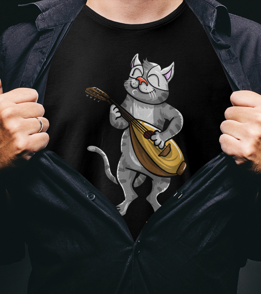 Funny Cool Cat Playing Lute Animal Musician T-Shirt