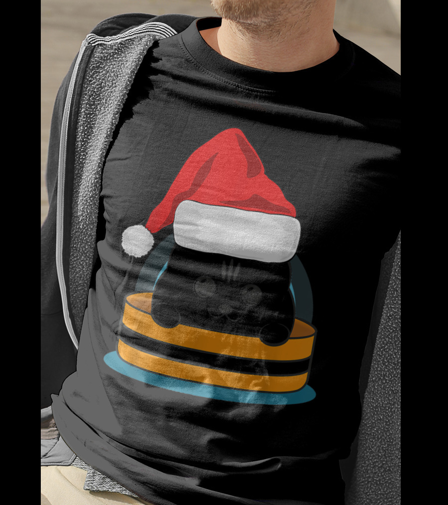 Cute Black Cat In Santa Hat Sitting Inside Orange And Black Barrel T-Shirt