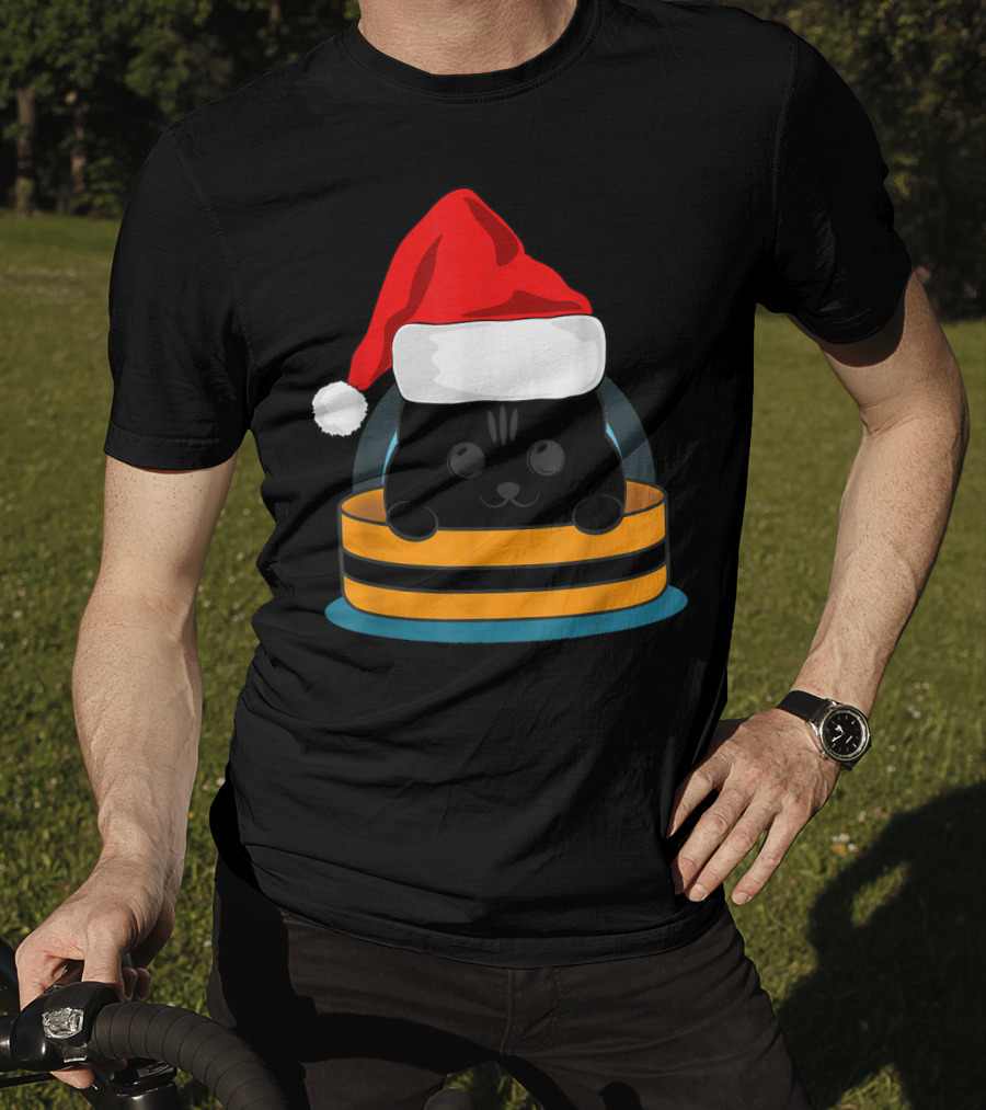 Cute Black Cat In Santa Hat Sitting Inside Orange And Black Barrel T-Shirt