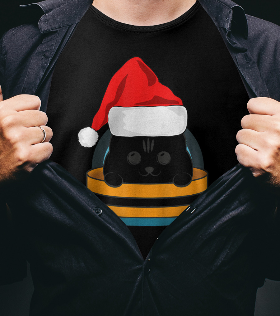 Cute Black Cat In Santa Hat Sitting Inside Orange And Black Barrel T-Shirt