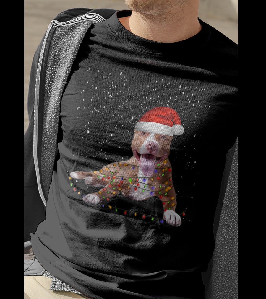 Merry Pitmas Pit Bull Christmas Dog With Santa Hat And Festive Lights T-Shirt
